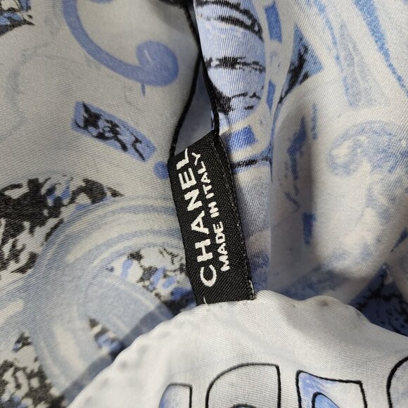 Chanel CC 100% Silk Square Scarf Stole White Blue Women's Rare Italy NWT - Picture 4 of 16